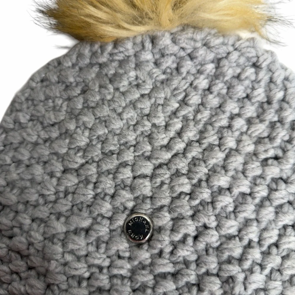 MICHAEL Michael Kors Gray Knit Hat with Tan Faux Fur Pom